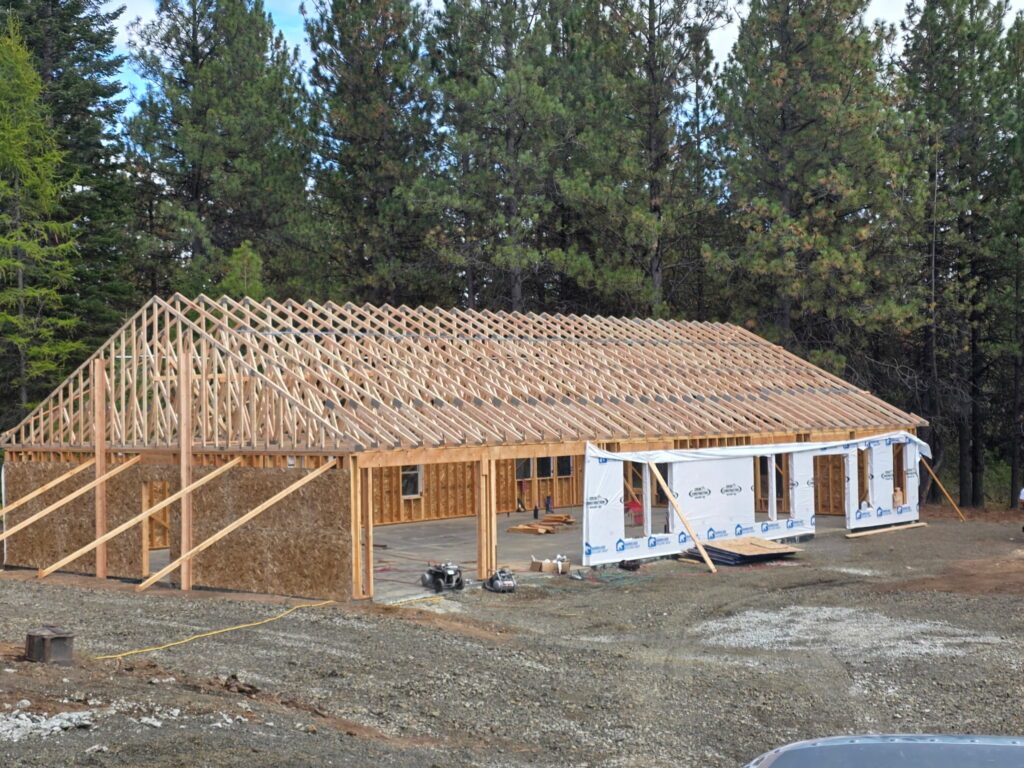 Wood roof trusses installed on a residential jobsite